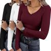 Ekouaer Womens 3 Pack Long Sleeve Shirts V Neck Ribbed Slim Fit Basic Tops Thermal Undershirts Casual Tee XS-XXL(Black/White/Dark Red)