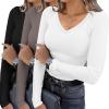 Ekouaer Womens 3 Pack Long Sleeve Shirts V Neck Ribbed Slim Fit Basic Tops Thermal Undershirts Casual Tee XS-XXL(Black/White/Tea Grey)