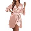 Ekouaer Women’s Satin Robe Valentines Lingerie for Women Kimono Bathrobe Short Ruffle Belted Robes Bridesmaids Sleepwear(01pastel Pink)
