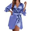 Ekouaer Women’s Satin Robe Valentines Lingerie for Women Kimono Bathrobe Short Ruffle Belted Robes Bridesmaids Sleepwear(Cobalt Blue)