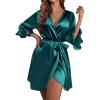 Ekouaer Women’s Satin Robe Valentines Lingerie for Women Kimono Bathrobe Short Ruffle Belted Robes Bridesmaids Sleepwear(Dark Green)
