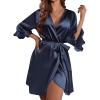 Ekouaer Women’s Satin Robe Valentines Lingerie for Women Kimono Bathrobe Short Ruffle Belted Robes Bridesmaids Sleepwear(Deep Blue)
