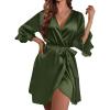 Ekouaer Women’s Satin Robe Valentines Lingerie for Women Kimono Bathrobe Short Ruffle Belted Robes Bridesmaids Sleepwear(Deep Green)