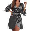 Ekouaer Women’s Satin Robe Valentines Lingerie for Women Kimono Bathrobe Short Ruffle Belted Robes Bridesmaids Sleepwear(Deep Grey)