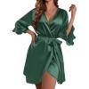 Ekouaer Women’s Satin Robe Valentines Lingerie for Women Kimono Bathrobe Short Ruffle Belted Robes Bridesmaids Sleepwear(Evergreen)