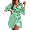 Ekouaer Women’s Satin Robe Valentines Lingerie for Women Kimono Bathrobe Short Ruffle Belted Robes Bridesmaids Sleepwear(Ice Green)