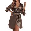 Ekouaer Women’s Satin Robe Valentines Lingerie for Women Kimono Bathrobe Short Ruffle Belted Robes Bridesmaids Sleepwear(Light Coffee)