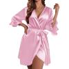 Ekouaer Women’s Satin Robe Valentines Lingerie for Women Kimono Bathrobe Short Ruffle Belted Robes Bridesmaids Sleepwear(Misty Rose)