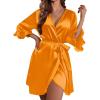 Ekouaer Women’s Satin Robe Valentines Lingerie for Women Kimono Bathrobe Short Ruffle Belted Robes Bridesmaids Sleepwear(Orange)