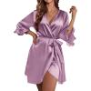 Ekouaer Women’s Satin Robe Valentines Lingerie for Women Kimono Bathrobe Short Ruffle Belted Robes Bridesmaids Sleepwear(Purple Red)