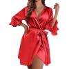Ekouaer Women’s Satin Robe Valentines Lingerie for Women Kimono Bathrobe Short Ruffle Belted Robes Bridesmaids Sleepwear(Red)