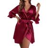 Ekouaer Women’s Satin Robe Valentines Lingerie for Women Kimono Bathrobe Short Ruffle Belted Robes Bridesmaids Sleepwear(Wine Red)