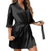Ekouaer Women’s Satin Robes Sexy Lace Cami Nightwear Silk Bridesmaid Lingerie Kimono 3/4 Sleeve Sleepwear(Black)