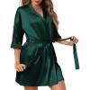 Ekouaer Women’s Satin Robes Sexy Lace Cami Nightwear Silk Bridesmaid Lingerie Kimono 3/4 Sleeve Sleepwear(Dark Green)