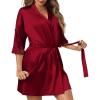 Ekouaer Women’s Satin Robes Sexy Lace Cami Nightwear Silk Bridesmaid Lingerie Kimono 3/4 Sleeve Sleepwear(Wine Red)
