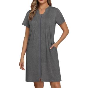 EKOUAER Women Zipper Robes Short Bathrobe Lightweight Mumu Duster House Coat with Pockets Soft Moo Moo Nightgown(Dark Grey)