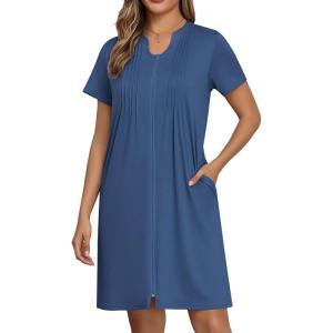 EKOUAER Women Zipper Robes Short Bathrobe Lightweight Mumu Duster House Coat with Pockets Soft Moo Moo Nightgown(Deep Blue)