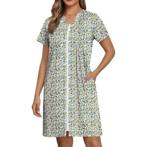 EKOUAER Women Zipper Robes Short Bathrobe Lightweight Mumu Duster House Coat with Pockets Soft Moo Moo Nightgown(Flora White)