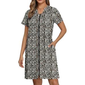 EKOUAER Women Zipper Robes Short Bathrobe Lightweight Mumu Duster House Coat with Pockets Soft Moo Moo Nightgown(Floral Black)