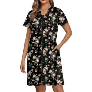 EKOUAER Women Zipper Robes Short Bathrobe Lightweight Mumu Duster House Coat with Pockets Soft Moo Moo Nightgown(Floral Black a)