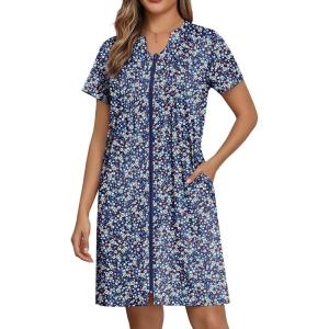 EKOUAER Women Zipper Robes Short Bathrobe Lightweight Mumu Duster House Coat with Pockets Soft Moo Moo Nightgown(Floral Blue)