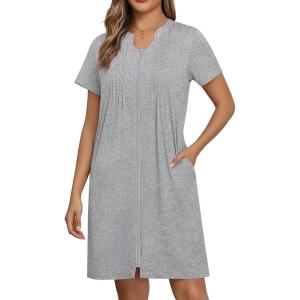 EKOUAER Women Zipper Robes Short Bathrobe Lightweight Mumu Duster House Coat with Pockets Soft Moo Moo Nightgown(Light Grey)