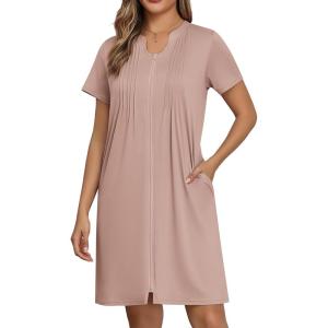 EKOUAER Women Zipper Robes Short Bathrobe Lightweight Mumu Duster House Coat with Pockets Soft Moo Moo Nightgown(Misty Rose)