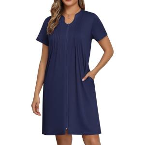 EKOUAER Women Zipper Robes Short Bathrobe Lightweight Mumu Duster House Coat with Pockets Soft Moo Moo Nightgown(Navy Blue)