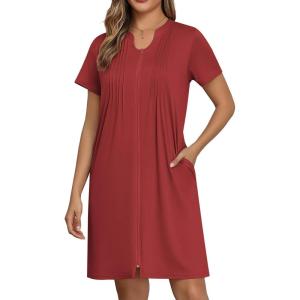 EKOUAER Women Zipper Robes Short Bathrobe Lightweight Mumu Duster House Coat with Pockets Soft Moo Moo Nightgown(Wine Red)