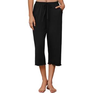 EKOUAER Womens Capri Pajama Pants Wide Leg Lounge Sleep Pants Soft Comfy Drawstring Pj Bottoms with Pockets(Black)