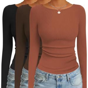 Ekouaer 3 Pack Womens Long Sleeve Shirts Boat Neck Ribbed Thermal Undershirts Lightweight Basic Top XS-XXL(Black/Caramel/Brown)