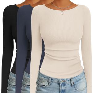 Ekouaer 3 Pack Womens Long Sleeve Shirts Boat Neck Ribbed Thermal Undershirts Lightweight Basic Top XS-XXL(Black/Grey/Beige)