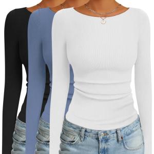 Ekouaer 3 Pack Womens Long Sleeve Shirts Boat Neck Ribbed Thermal Undershirts Lightweight Basic Top XS-XXL(Black/White/Haze Blue)