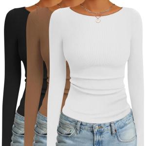 Ekouaer 3 Pack Womens Long Sleeve Shirts Boat Neck Ribbed Thermal Undershirts Lightweight Basic Top XS-XXL(Black/White/Light Brown)