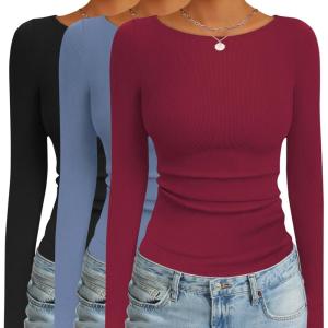 Ekouaer 3 Pack Womens Long Sleeve Shirts Boat Neck Ribbed Thermal Undershirts Lightweight Basic Top XS-XXL(Black/Wine Red/Blue)