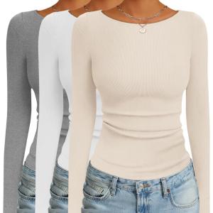 Ekouaer 3 Pack Womens Long Sleeve Shirts Boat Neck Ribbed Thermal Undershirts Lightweight Basic Top XS-XXL(White/Grey/Beige)