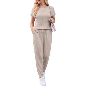 Ekouaer Jumpsuits for Women Dressy Summer Romper Ribbed Knit Casual Travel Outfits 2026 Vacation Beach Clothes(Khaki)