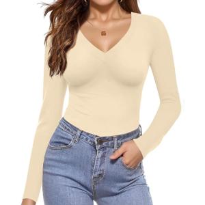 Ekouaer Long Sleeve Shirts for Women V Neck Basics Tops Lightweight Base Layer Slim Fit Top Thermal Undershirts(Beige)