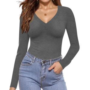 Ekouaer Long Sleeve Shirts for Women V Neck Basics Tops Lightweight Base Layer Slim Fit Top Thermal Undershirts(Grey)