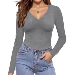 Ekouaer Long Sleeve Shirts for Women V Neck Basics Tops Lightweight Base Layer Slim Fit Top Thermal Undershirts(Light Grey)