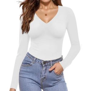 Ekouaer Long Sleeve Shirts for Women V Neck Basics Tops Lightweight Base Layer Slim Fit Top Thermal Undershirts(White)