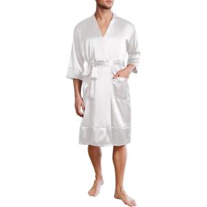 Ekouaer Mens Satin Robe Lightweight Silky Kimono Bathrobe 3/4 Sleeve Spa Knee Length Loungewear with Pockets S-3XL(White)