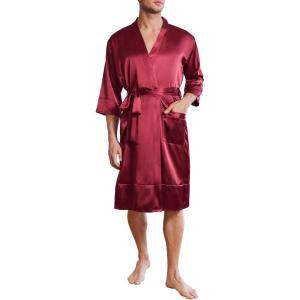 Ekouaer Mens Satin Robe Lightweight Silky Kimono Bathrobe 3/4 Sleeve Spa Knee Length Loungewear with Pockets S-3XL(Wine Red)