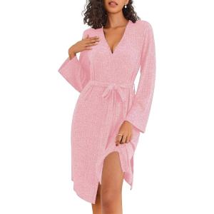 Ekouaer Robe for Women Ribbed Knit Bathrobe Soft Knee Length Kimono Robes Ladies Sleepwear with Pockets S-XXL(Pink)