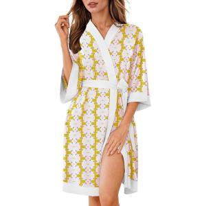 Ekouaer Robes for Women Knee Length Bathrobe Lightweight Kimono Robe 3/4 Sleeve Knit Sleepwear with Pockets(Yellow Pink Grid)
