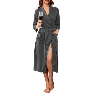 Ekouaer Robes for Women Long Waffle Knit Bathrobe Lightweight Kimono Robe Soft Shawl Collar Spa Robes with Pockets S-XXL(Dark Gray/Small Waffle)