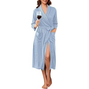 Ekouaer Robes for Women Long Waffle Knit Bathrobe Lightweight Kimono Robe Soft Shawl Collar Spa Robes with Pockets S-XXL(Sky Blue/Small Waffle)