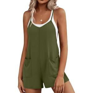 Ekouaer Rompers for Women Summer Casual Sleeveless Short Overalls Boho Spaghetti Strap Shorts Jumpsuit with Pockets(Army Green)