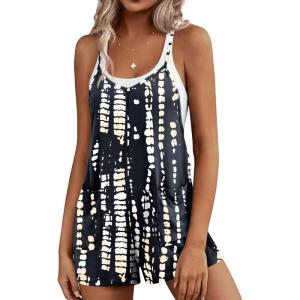 Ekouaer Rompers for Women Summer Casual Sleeveless Short Overalls Boho Spaghetti Strap Shorts Jumpsuit with Pockets(Black White Tie-dye)