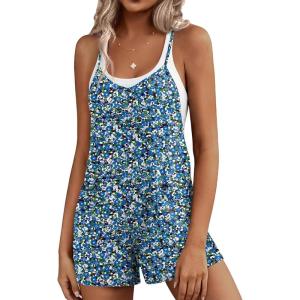 Ekouaer Rompers for Women Summer Casual Sleeveless Short Overalls Boho Spaghetti Strap Shorts Jumpsuit with Pockets(Blue Green Floral)